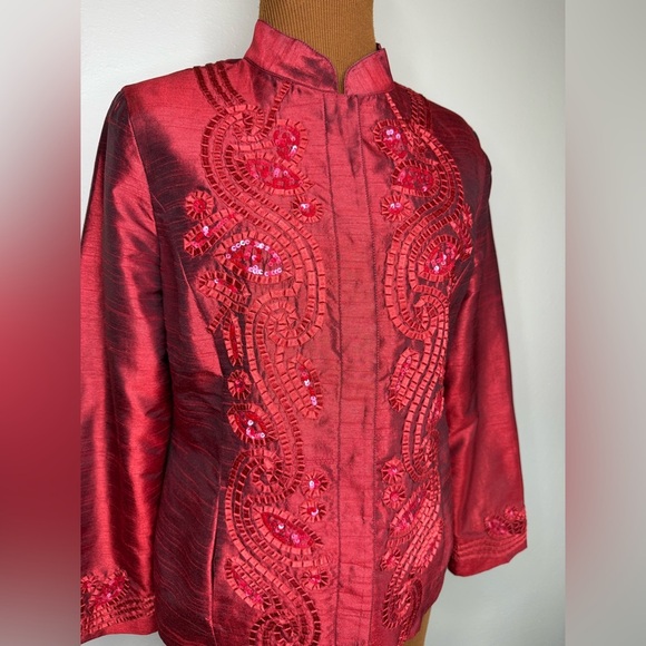 Chicos Silk Look Dress Jacket Ribbon Sequins Terracotta Red Hidden Buttons Sz 8 - Picture 2 of 6